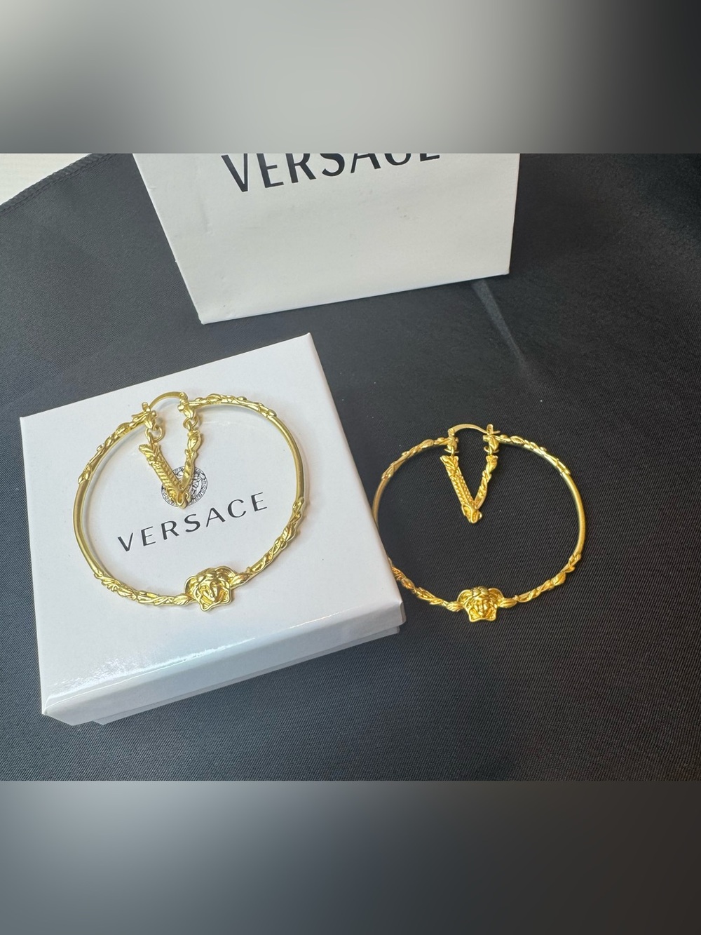 Gold Floral Hoop Earrings with V Charm - Women's Fashion Jewelry